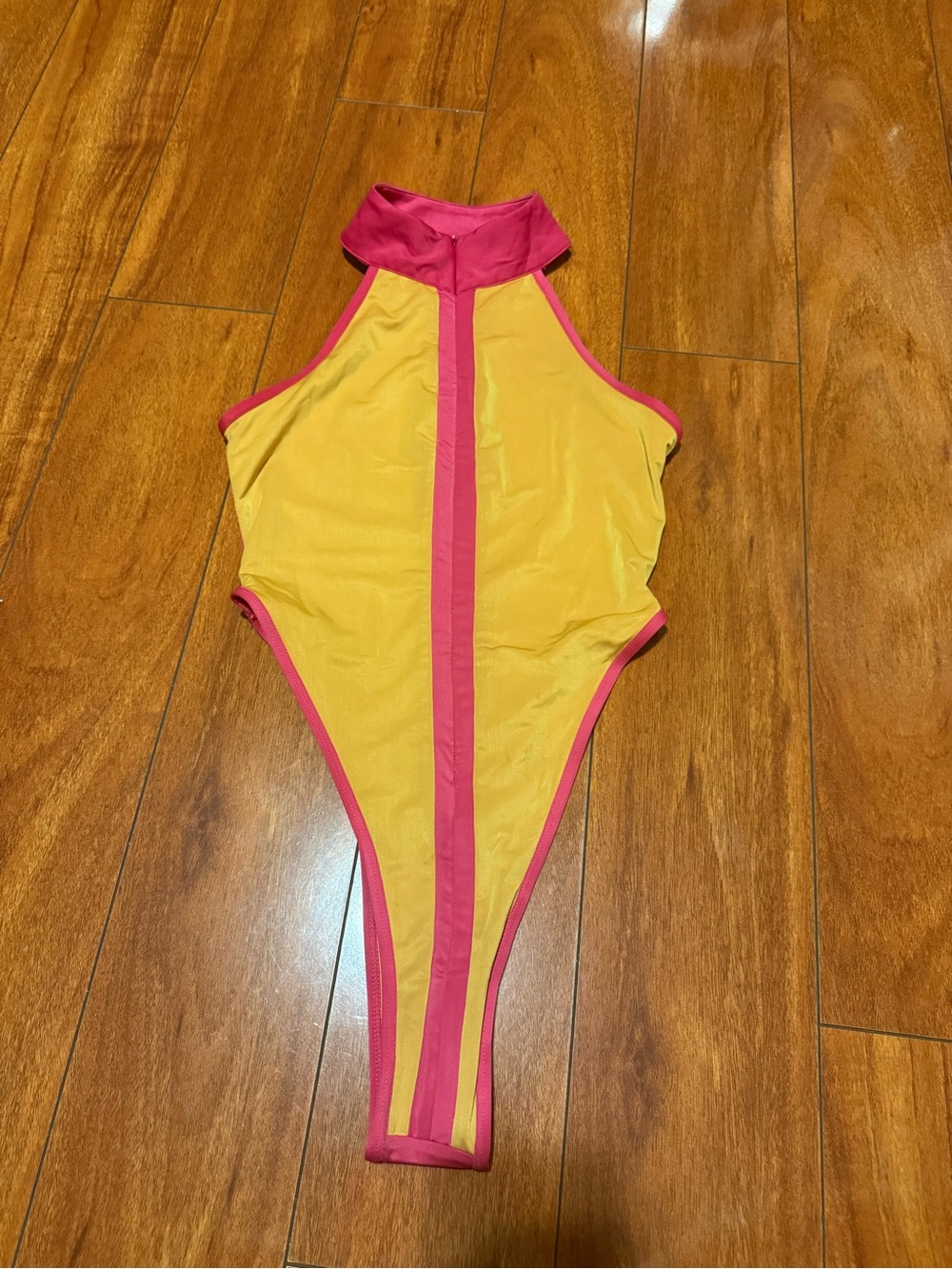 Yellow One-Piece Swimsuit with Hot Pink Trim